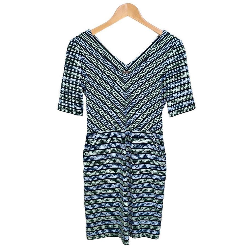 J. McLaughlin Catalina Cloth Dress V Neck Blue Green Black womens size S